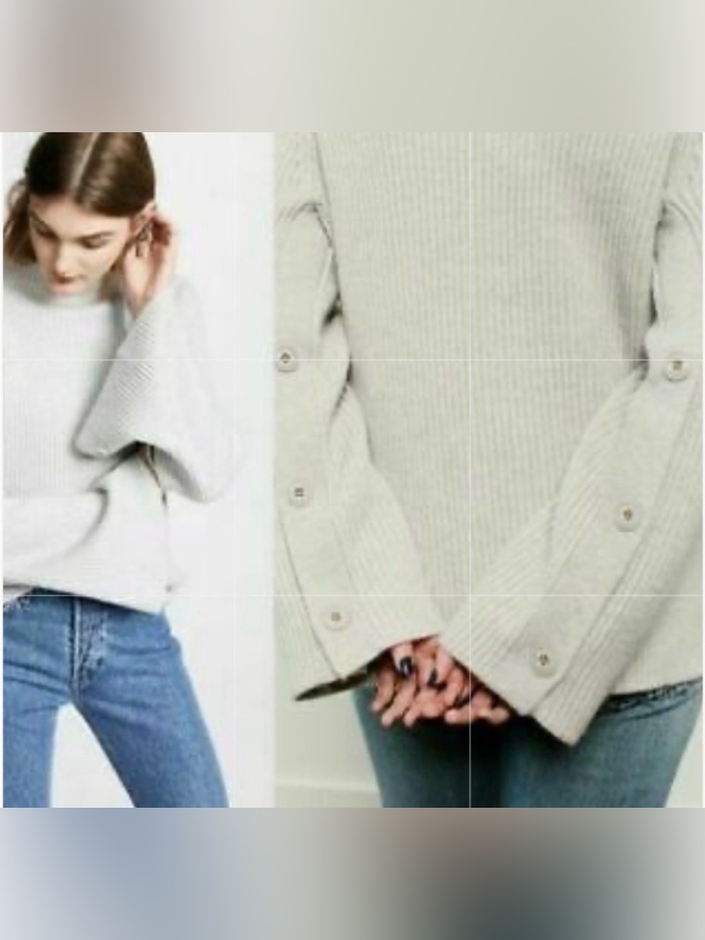 Vince Button Sleeve Funnel Neck Ribbed Cashmere Wool Sweater In Grey size Large